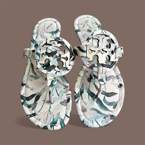 Tory Burch Cream and Green Patterned Sandals